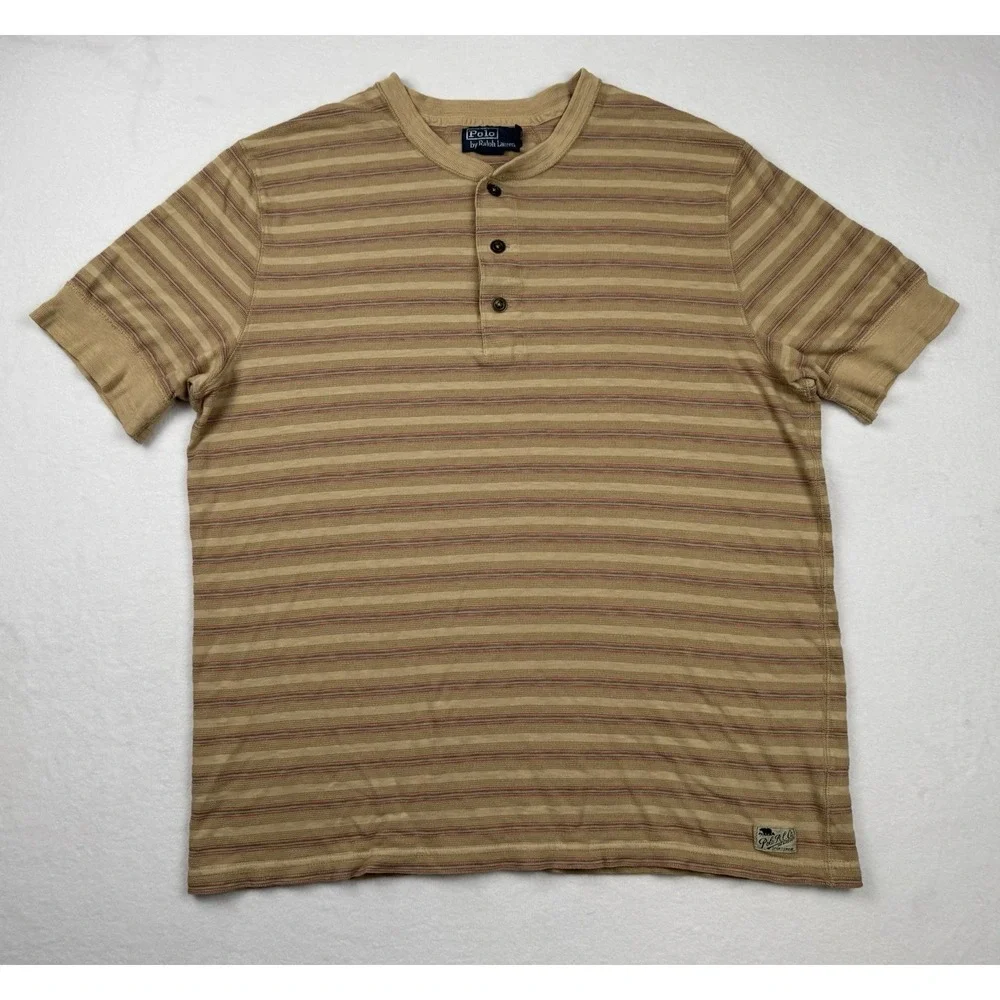Polo Ralph Lauren Striped Henley T Shirt Tan XXL‎ Short Sleeve Cotton